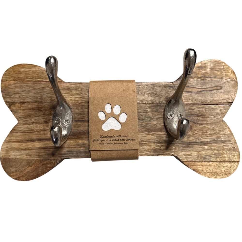 Dog Bone Wood‎ Wall Hook Rack Leash Holder Hat Coat key Silver Double Hooks Rack